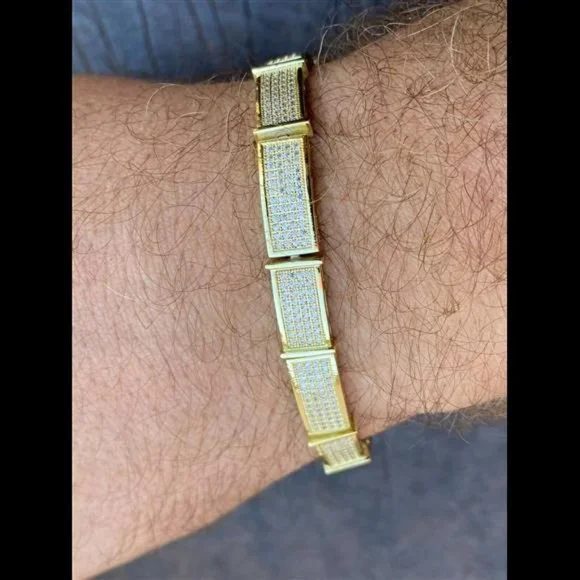 COPY - 14k Gold Over Solid 925 Sterling Silver Mens Iced Flooded Out Bracelet D… - Picture 4 of 10
